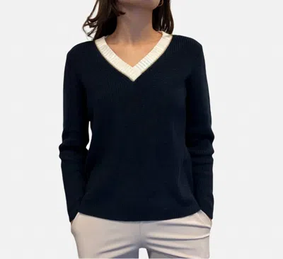 Elliott Lauren Long Sleeve V-neck Sweater In Navy In Black