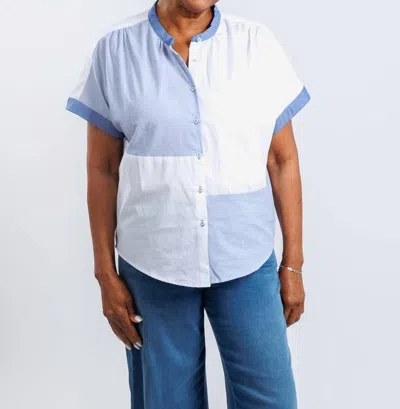 ELLIOTT LAUREN PATCHWORK BUTTON FRONT SHIRT IN BLUE/ WHITE