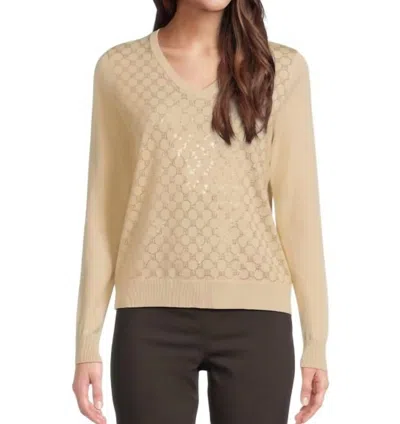 Elliott Lauren Pop Top Long Sleeve V-neck Sweater In Almond In Pink