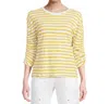 Elliott Lauren Stripe 3/4 Ruched Sleeve Tee In Citron Stripe In Yellow