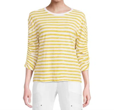 Elliott Lauren Stripe 3/4 Ruched Sleeve Tee In Citron Stripe In Yellow