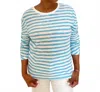 Elliott Lauren Stripe Ruched Sleeve Tee In Turquoise/white In Multi