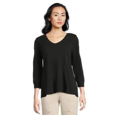 Elliott Lauren Top Women Black Enzyme Wash Jersey 3/4 Sleeve V-neck Red178