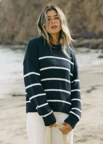 Ellsworth & Ivey Women's Blue Elena Crewneck Sweater - Navy And Ivory