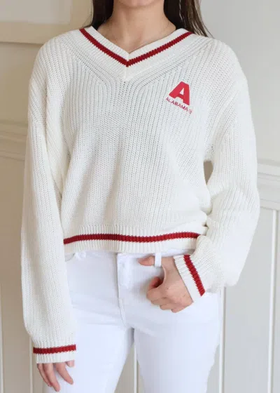 Ellsworth + Ivey Alabama V-neck Varsity Sweater In White