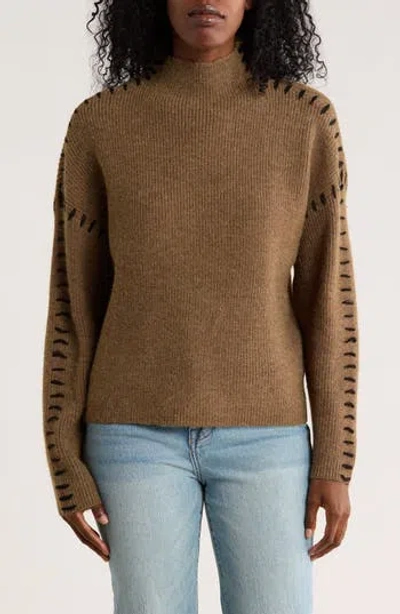 Elodie Contrast Stitch Mock Neck Sweater In Brown