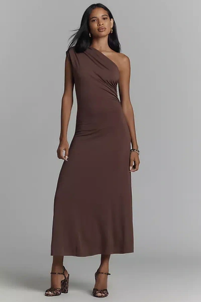 Elodie Cora One-shoulder Knit Midi Dress In Brown
