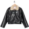 Elodie Faux Shearling Collar Faux Leather Crop Jacket In Black