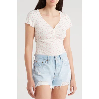 Elodie Ruched V-neck Top In White Floral