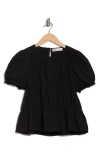 Elodie Shirred Puff Sleeve Poplin Top In Black