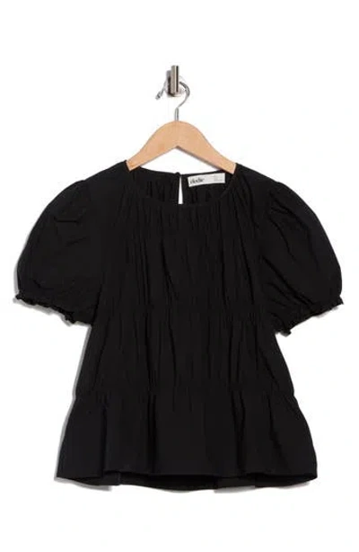 Elodie Shirred Puff Sleeve Poplin Top In Black