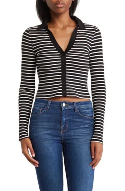 Elodie Stripe Stretch Cotton Open Collar Button Top In Black/white Stripe