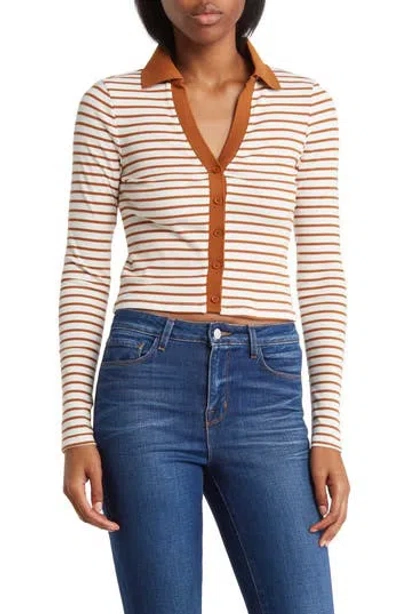 Elodie Stripe Stretch Cotton Open Collar Button Top In Ivory/camel Stripe