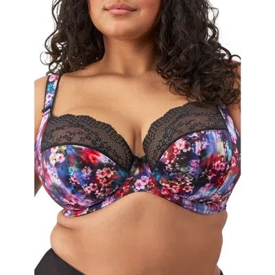Elomi Lucie Plunge Bra Women Black Purple Floral Lace Trim Underwire Gbo929