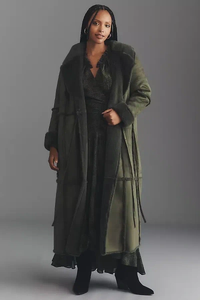 Eloquii Plus Faux-fur Sherpa Fleece Long Coat Jacket In Green