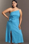 Eloquii Plus Linen Blend One-shoulder Floral Appliqué Midi Dress