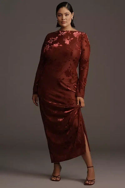 Eloquii Plus Long-sleeve Velvet Maxi Dress In Red