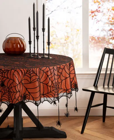 Elrene Crawling Halloween Spider Lace Lined Tablecloth In Black,orange