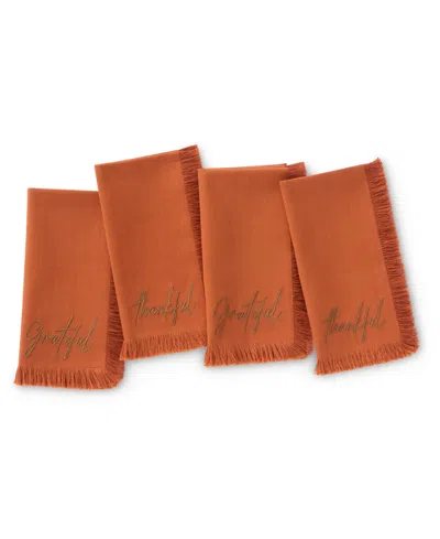 Elrene Fringed Harvest Sentiment Cotton Napkins, Set Of 4 In Brown