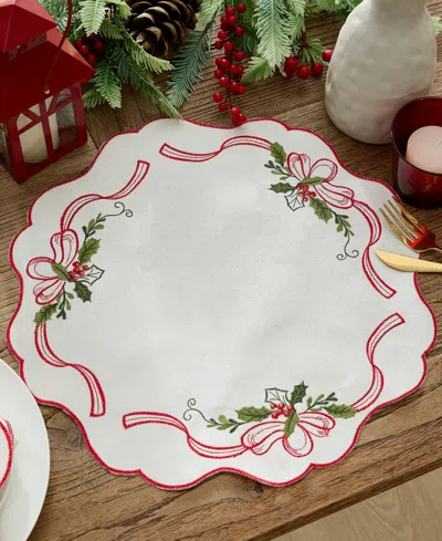 Elrene Holly Ribbon Embroidered Cutwork Fabric Round Placemat, 15" In White