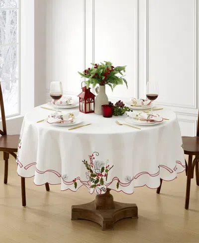 Elrene Holly Ribbon Embroidered Cutwork Fabric Tablecloth, 70" In White