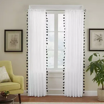 Elrene Home Fashions Bianca Tassle 100% Cotton Rod Pocket Embellished Light-filtering Single Curtain Panel In Black