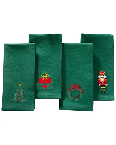 Elrene Home Fashions Set Of 4 Holiday Embroidered Napkins In Green