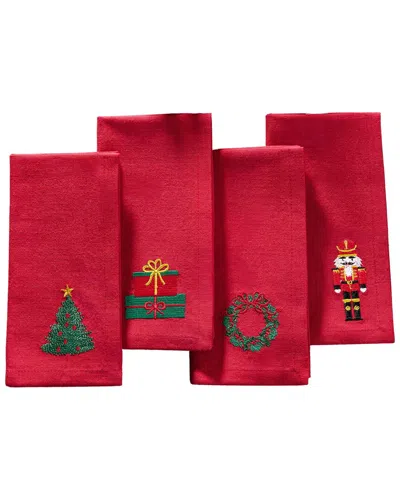 Elrene Home Fashions Set Of 4 Holiday Embroidered Napkins In Red