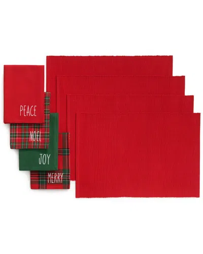 Elrene Home Fashions Set Of 8 Holiday Christmas Sentiments Placemats & Napkins In Red