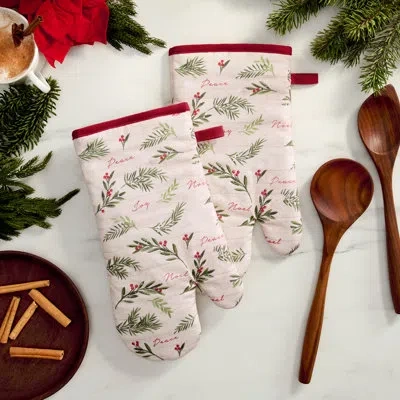 Elrene Home Fashions Threadmade Holiday Tree Trimmings  Oven Mitts, Set Of 2, Red - 7"w X 13"l In Pink