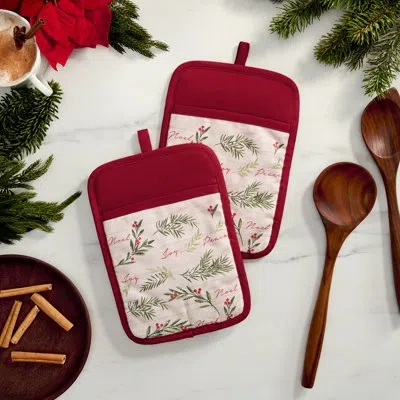 Elrene Home Fashions Threadmade Holiday Tree Trimmings  Pot Holders, Set Of 2, Red - 7"w X 10"l