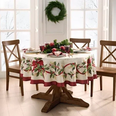 Elrene Home Fashions Villeroy & Boch Winter Bows And Garland Round/oval Tablecloth In Multi