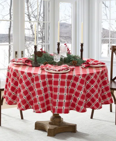 Elrene Sherwood Tree Dobby Cotton Round Tablecloth, 70"x 70" In Red
