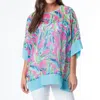 Elsie & Zoey Lexi Boho Tropical Brush Sheer One Size Poncho Cover Up In Teal Pink In Multi