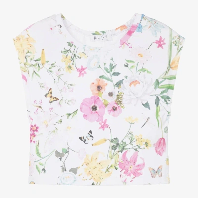 Elsy Kids' Girls White Cotton Floral Print T-shirt