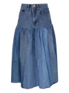 E.l.v Denim Harvard Ruffled Midi Denim Skirt In Blue