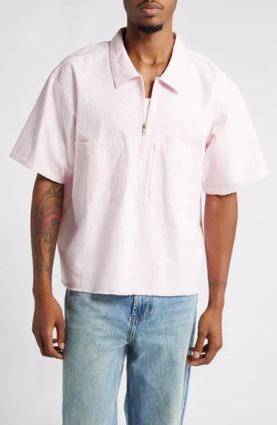 Elwood Mechanic Half Zip Short Sleeve Shirt In Pink Pinstripe