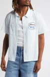 Elwood Pinstripe Short Sleeve Button-up Work Shirt In White/ Kelly Green