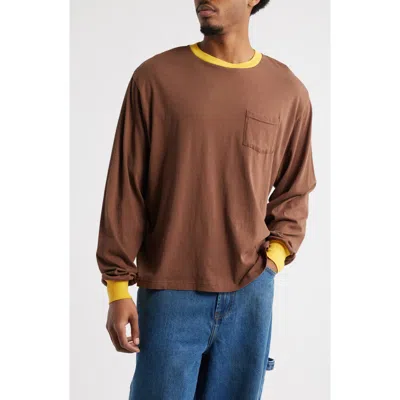 Elwood Trophy Long Sleeve Organic Cotton Ringer T-shirt In Bulldog Brown