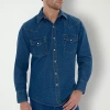 Ely Cattleman Denim Washed Snap Mens Long Sleeve Classic Fit Big And Tall Button-down Shirt In Blue