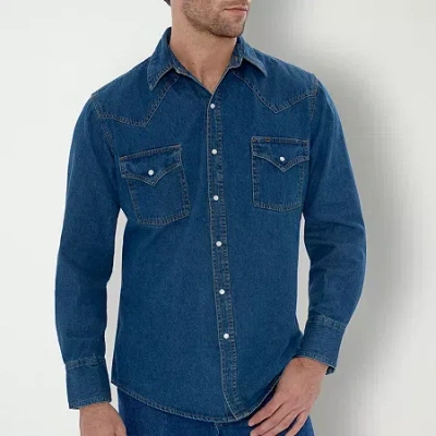Ely Cattleman Denim Washed Snap Mens Long Sleeve Classic Fit Button-down Shirt In Blue