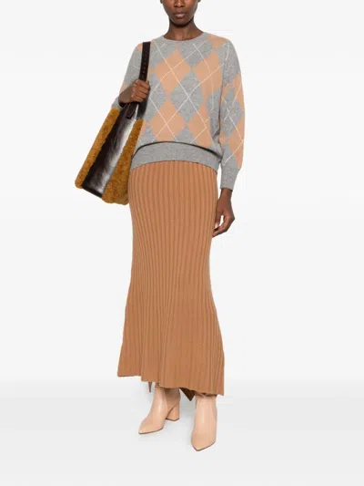 Ely Ely Hazze Ribbed Asymmetric-hem Midi Skirt In Braun