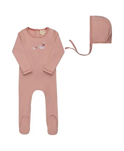 Ely's & Co. Unisex Cross Stitch Duckling Collection Footie + Beanie - Baby In Pink