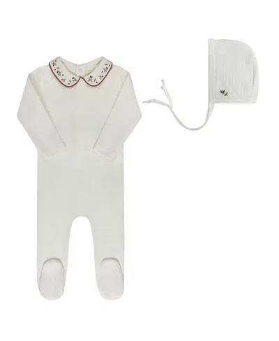 Ely's & Co. Unisex Embroidered Collar Collection Footie + Bonnet - Baby In Ivory/pink