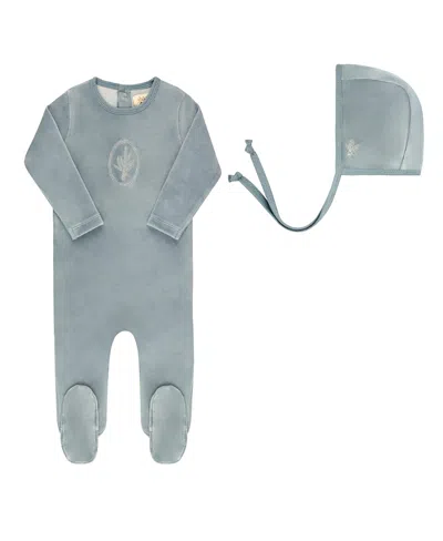 Ely's & Co. Unisex Velour Center Floral Collection Footie + Bonnet - Baby In Blue
