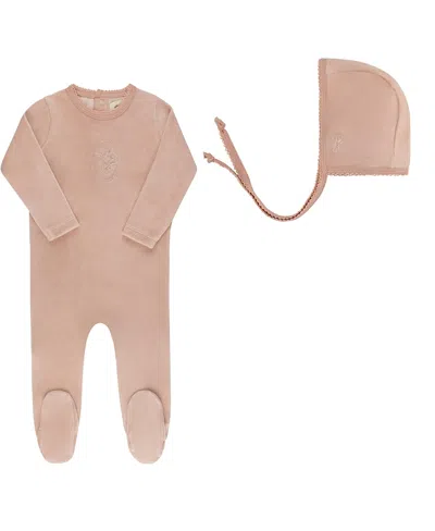 Ely's & Co. Unisex Velour Center Floral Collection Footie + Bonnet - Baby In Brown