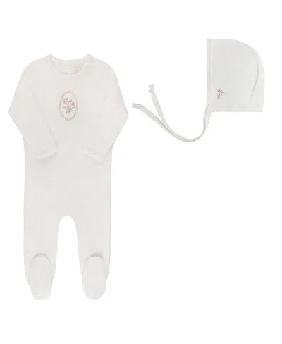 Ely's & Co. Unisex Velour Center Floral Collection Footie + Bonnet - Baby In White