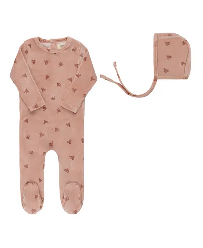 Ely's & Co. Unisex Velour Leaf Pattern Collection Footie + Bonnet - Baby In Brown