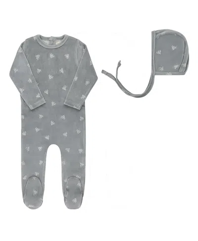 Ely's & Co. Unisex Velour Leaf Pattern Collection Footie + Bonnet - Baby In Gray