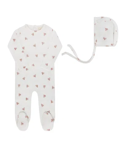 Ely's & Co. Unisex Velour Leaf Pattern Collection Footie + Bonnet - Baby In White
